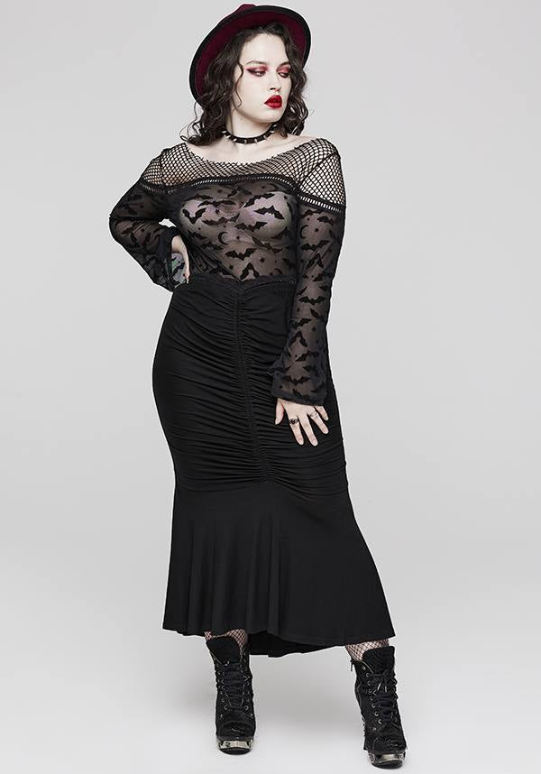 Gothic Bat Pattern Elasticated Mesh T-Shirt for Plus Sizes