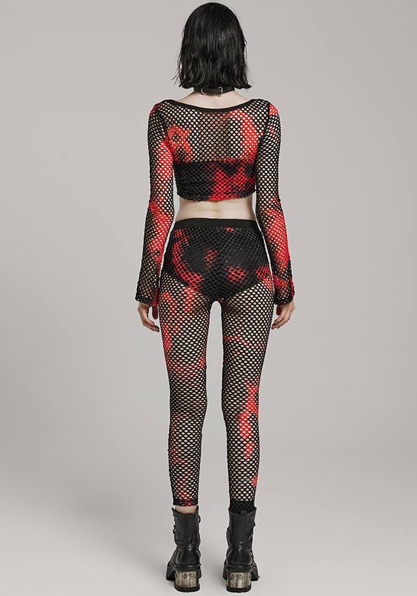 Punk Rave Badriyah Black/Red Tie-Dyed Fishnet Long Sleeve Crop Top