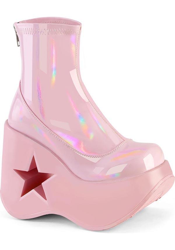 PREORDER - DYNAMITE-100 Baby Pink Stretch Holo Platform Wedge Ankle Boots