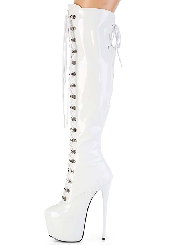 JUBILANT-3012 White Patent Leather Over-The-Knee Platform Boots - Pre-Order