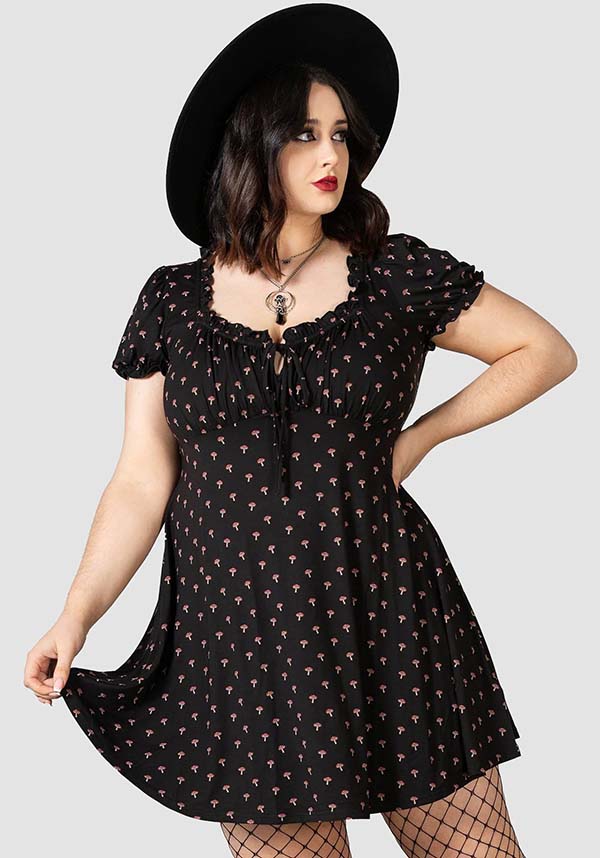 Poisonpie Mini Dress with Mushroom Print and Adjustable Neckline