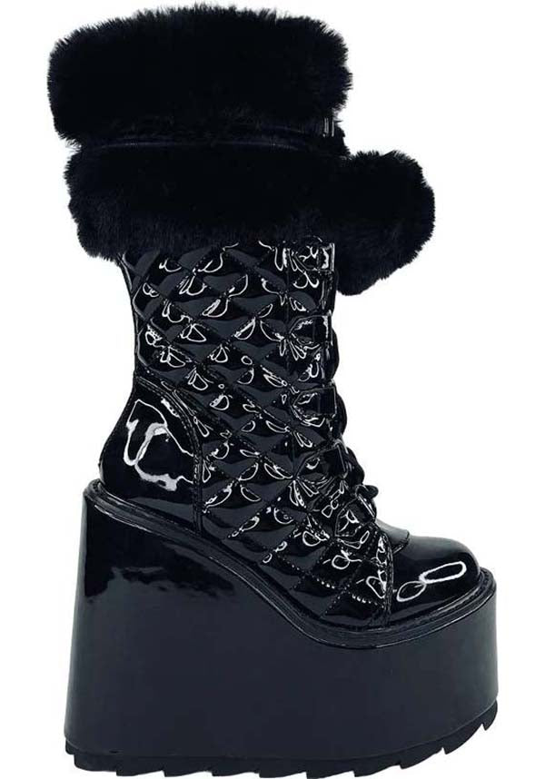 Stylish Black Patent Dune Fur Platform Boots for Fashionistas