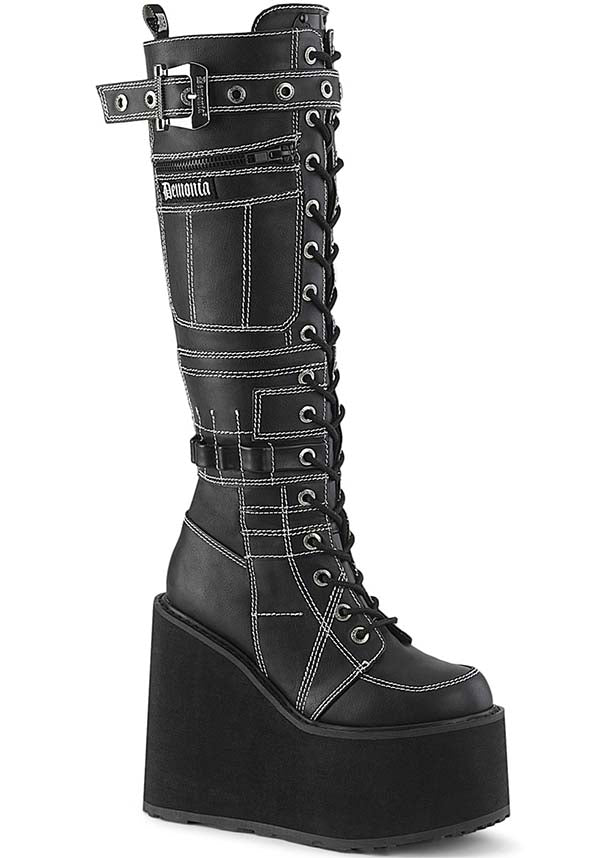 Demonia SWING-260 Black Vegan Leather Platform Boots for Fashionable Strutting [PREORDER]