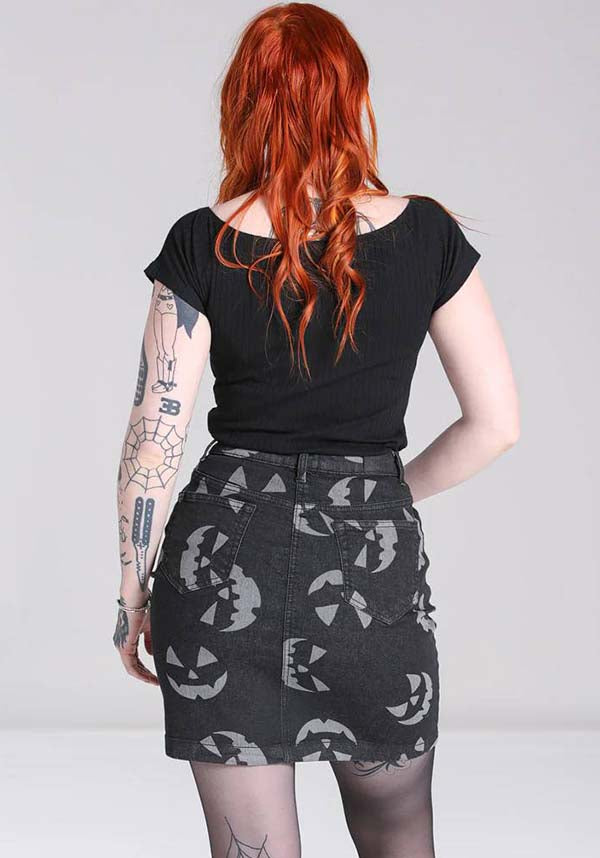 Hell Bunny's Black Jack-O-Lantern Denim Mini Skirt for Halloween