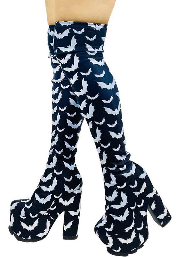 Labyrinth Bat Design Black and White Over-the-Knee Platform Boots