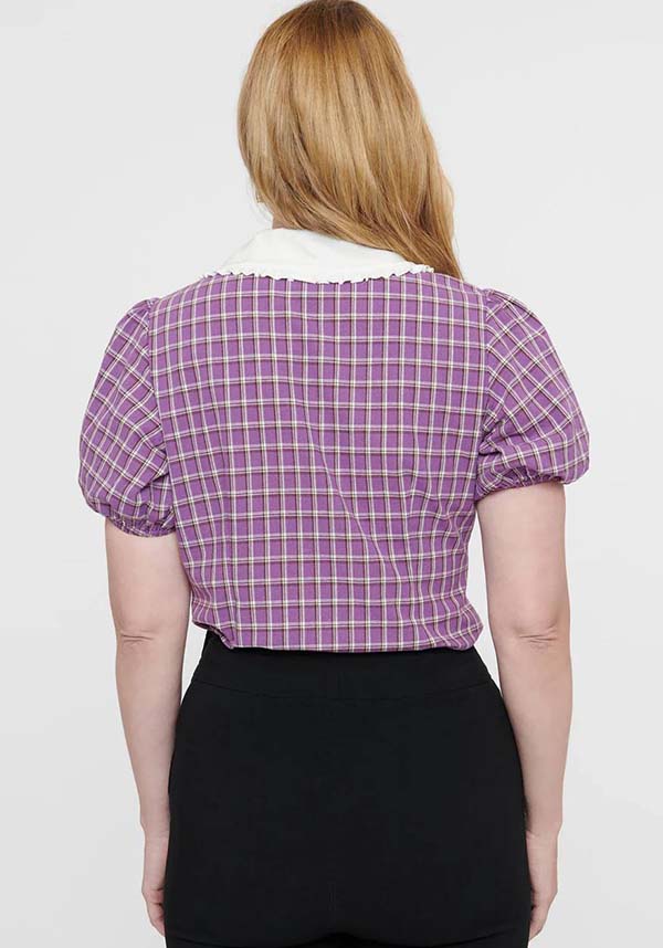 Vintage-Inspired Purple Plaid Oversized Collared Top with 'Boo!' Design