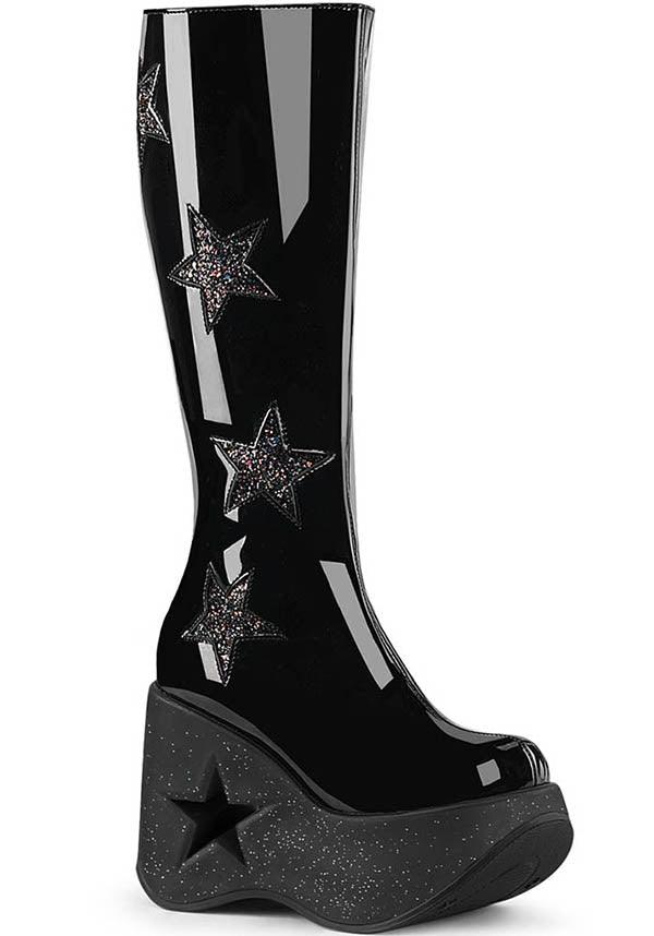 DYNAMITE-218 Patent Black Glitter Platform Boots - Preorder