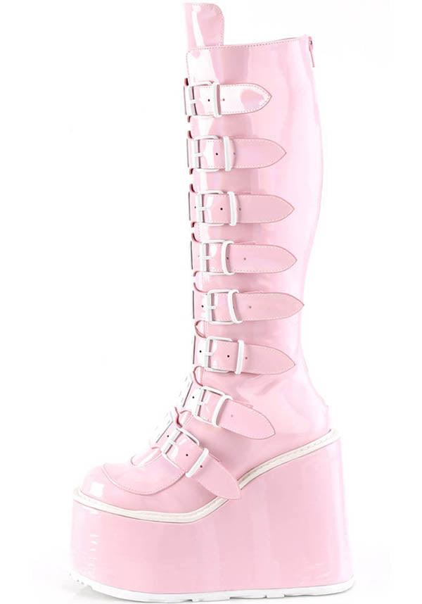 PREORDER - Demonia Baby Pink Holographic Swing-815 Platform Knee High Boots for Fashion Lovers