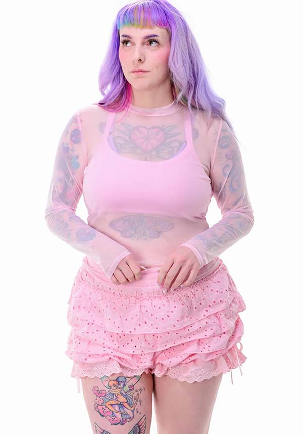 Pink Mesh Long Sleeve Crop Top for Layering