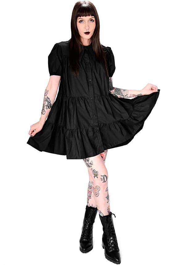 Foxblood Romina Tiered Babydoll Dress with Puff Sleeves and Pointed Collar