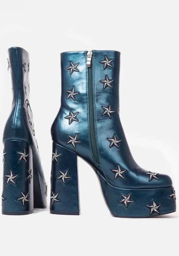 Enchanted Mooncraft Teal-Colored Heeled Chunky Ankle Boots for Women
