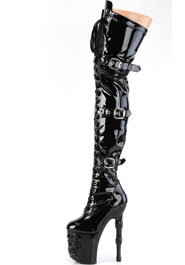 PREORDER - RAPTURE-3028 Black Patent Platform Heels, Lace-Up Front Thigh High Boots