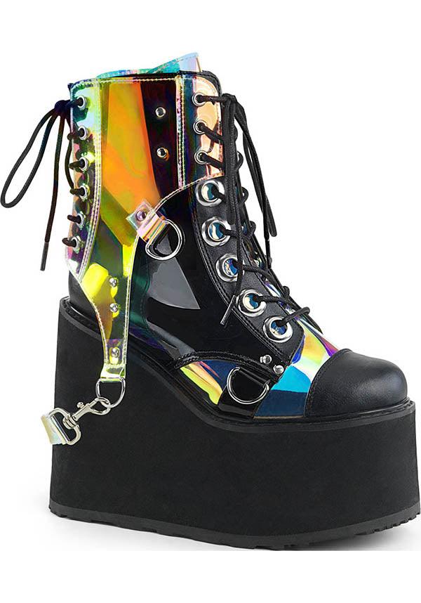 Demonia Pre - Ordered Black and Clear Hologram Swing - 115 Platform Lace - Up Boots