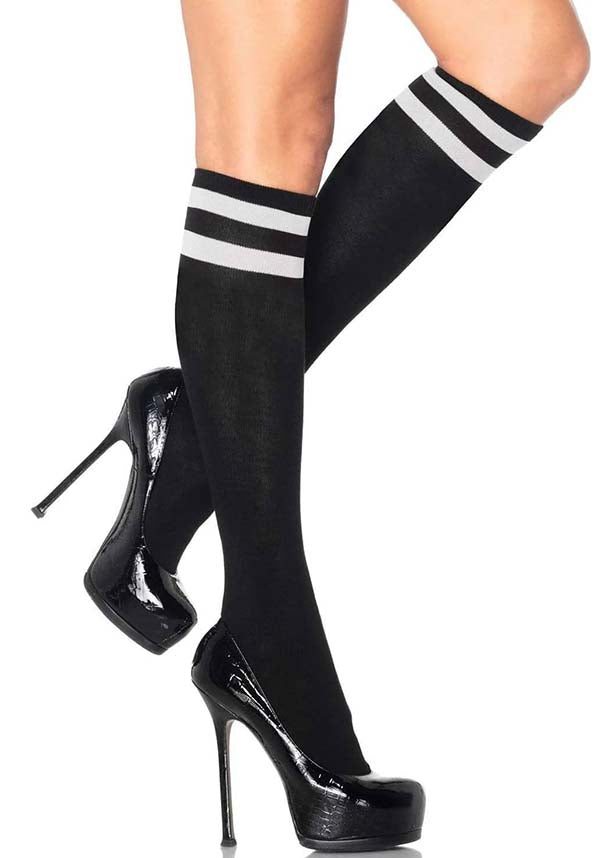 Stylish Jolie Athletic Knee High Socks in Classic Black and White Color Scheme for Women