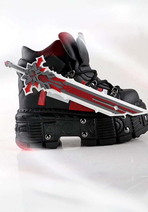 Genshin Impact Inspired Black Combat Platform Boots - Mangosteen-08 with Statement Sword Accessory