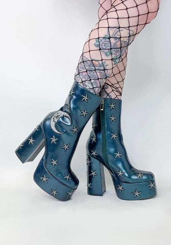 Enchanted Mooncraft Teal-Colored Heeled Chunky Ankle Boots for Women