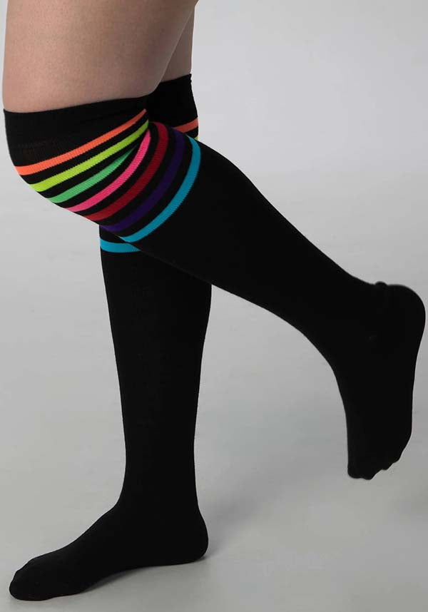 Referee Style Over the Knee Socks in Black and Rainbow Color Scheme