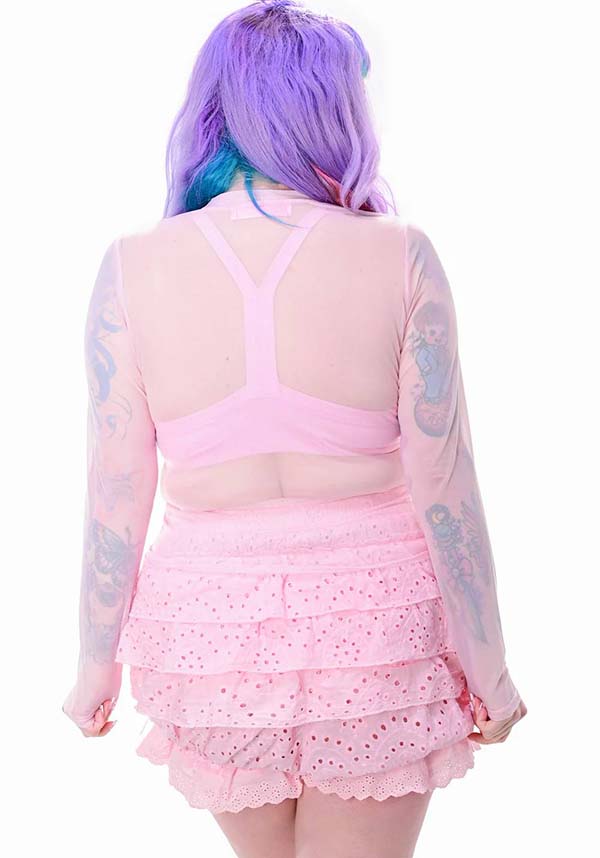 Pink Mesh Long Sleeve Crop Top for Layering