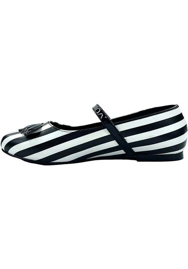 Strangecvlt Women's White and Black Striped Mary Jane Flat Shoes