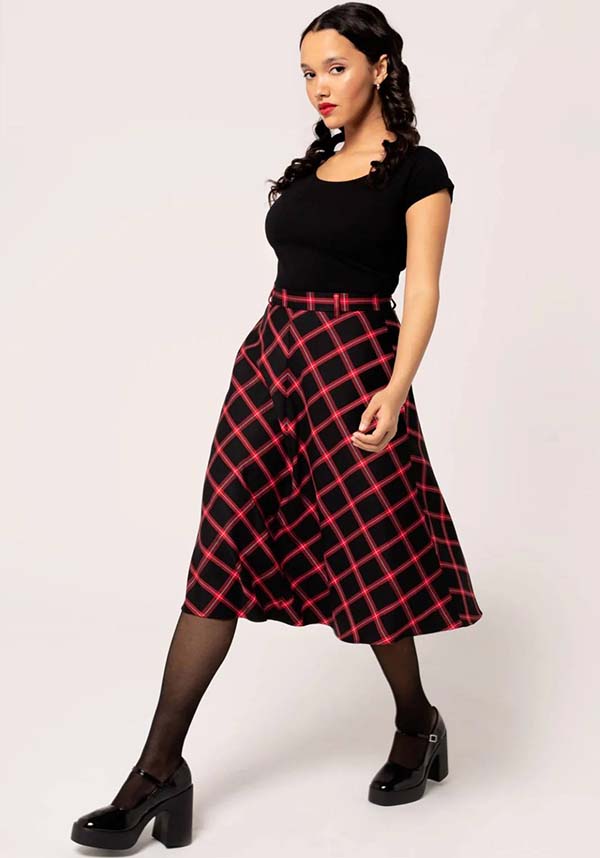Hell Bunny Women's Janine Red and Black Tartan Midi Skirt