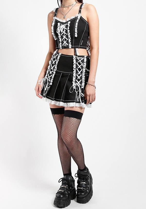 Lolita Monochromatic Black and White Pleated Skirt with Lace, Chains, Eyelets, and D - rings