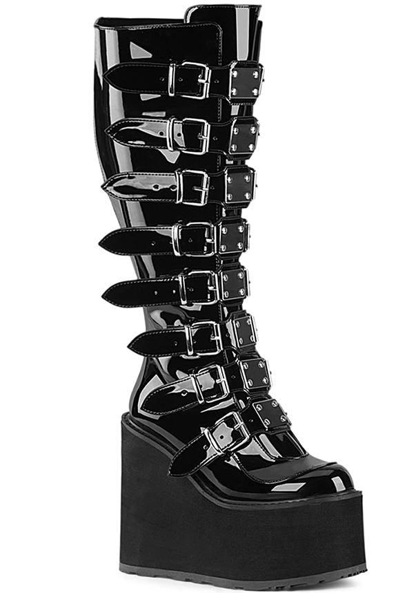PREORDER - SWING-815WC Wide Calf Platform Boots in Black Patina Design