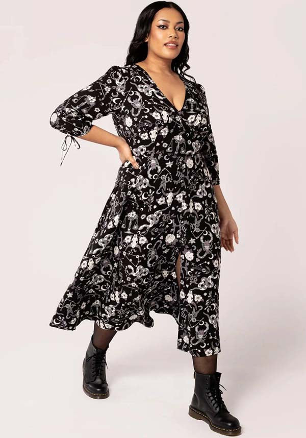 Hell Bunny Celestial Star Sign Printed Viscose Midi Dress for Fashion Lovers