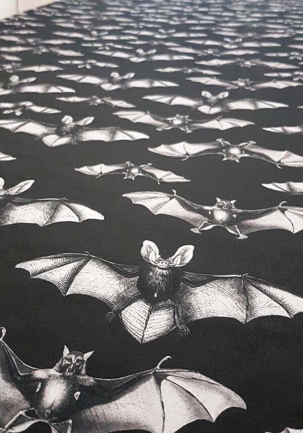 Midnight Flight Charcoal Black Polyester Table Cloth with Grey Realistic Bats