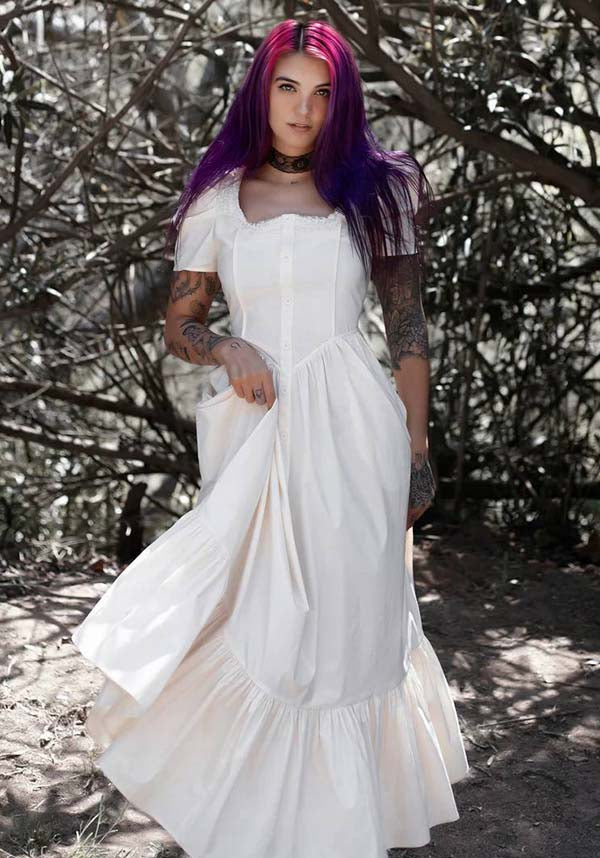 Elegant Ivory Gothic Dress by Lively Ghosts with Lace Details