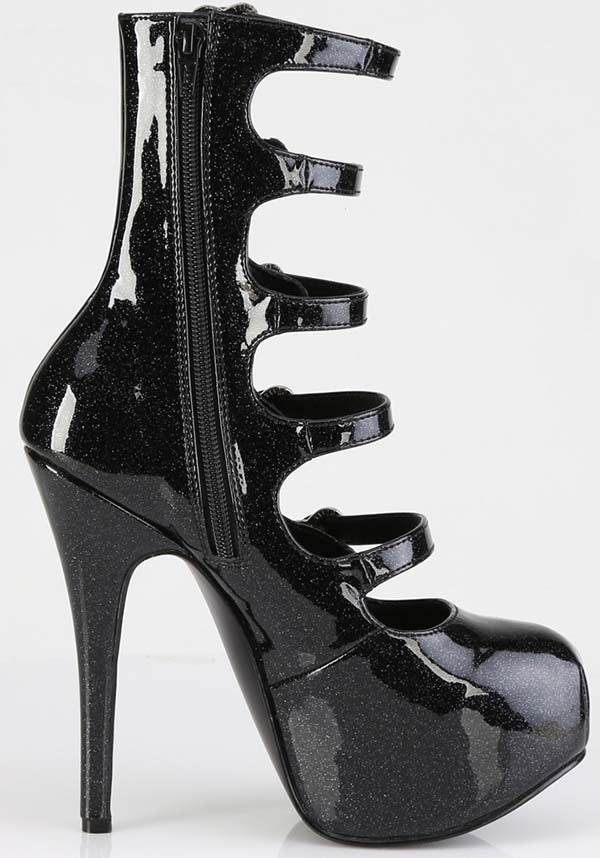 TEEZE-23 Platform Heels in Black Glitter Patent Finish - Preorder Now