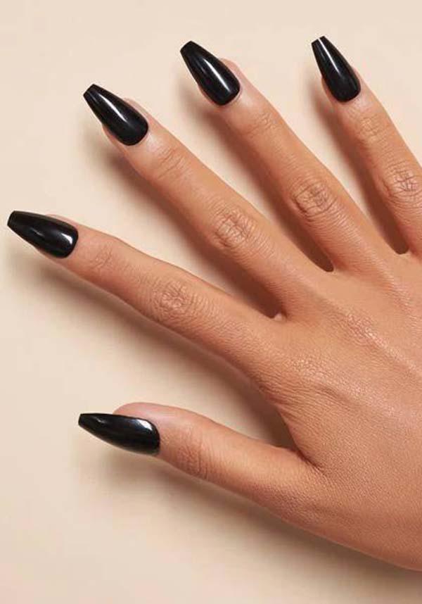 Glamorous Glossy Black Press - On Coffin - Shaped Nails for a Dark and Deadly Manicure