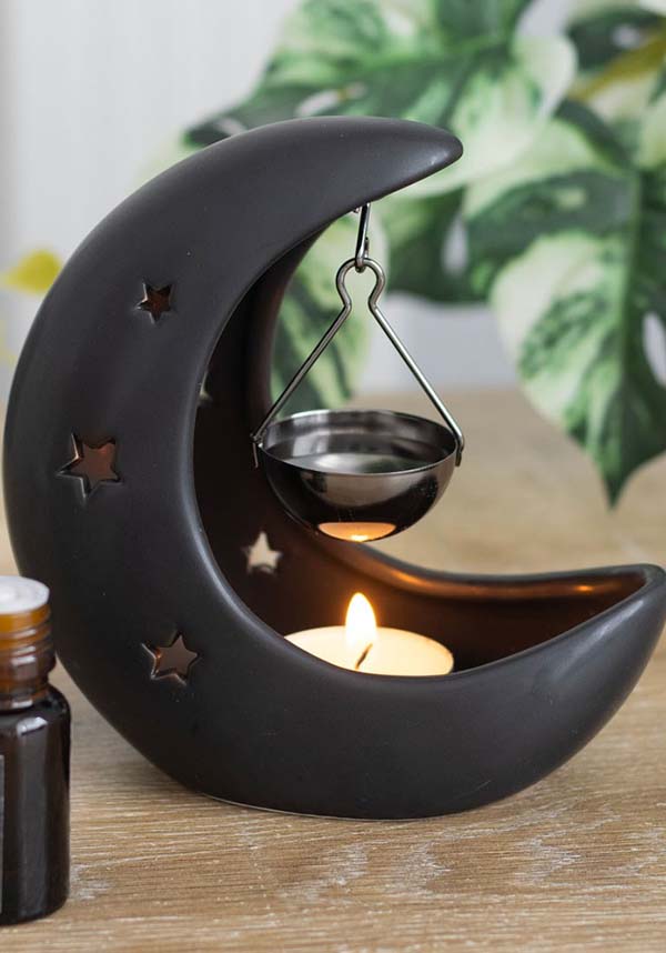 Elegant Hanging Black Crescent Moon Oil Burner for Magical Home Decor