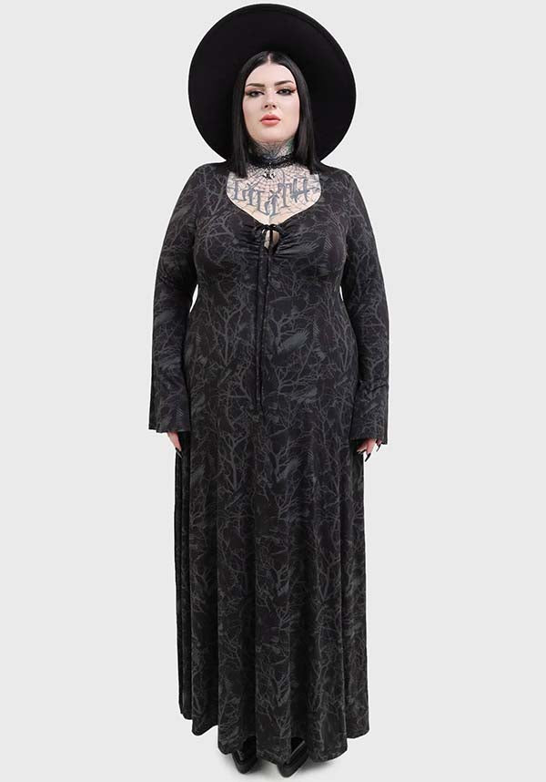 Stunning Raven Print Maxi Dress with Soft Stretch Fabric