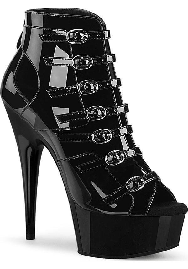 DELIGHT-600-11 Patent Black Platform Heel Open Front Ankle Boots [Preorder]