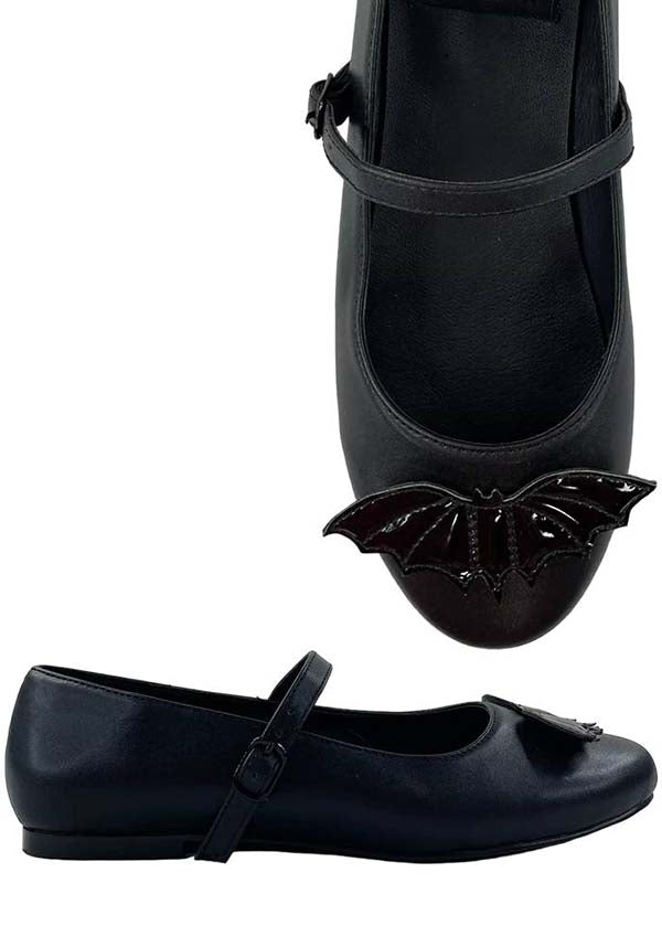 Strangecvlt All-Black Mary Jane Bat Flat Shoes