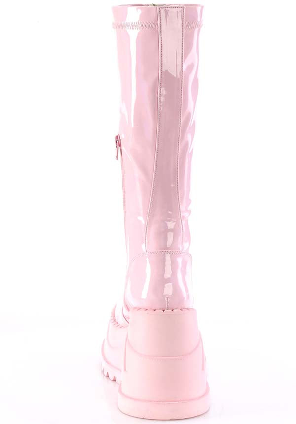 Preorder Baby Pink Holographic Stretch Patent Knee High Platform Boots - STOMP - 200