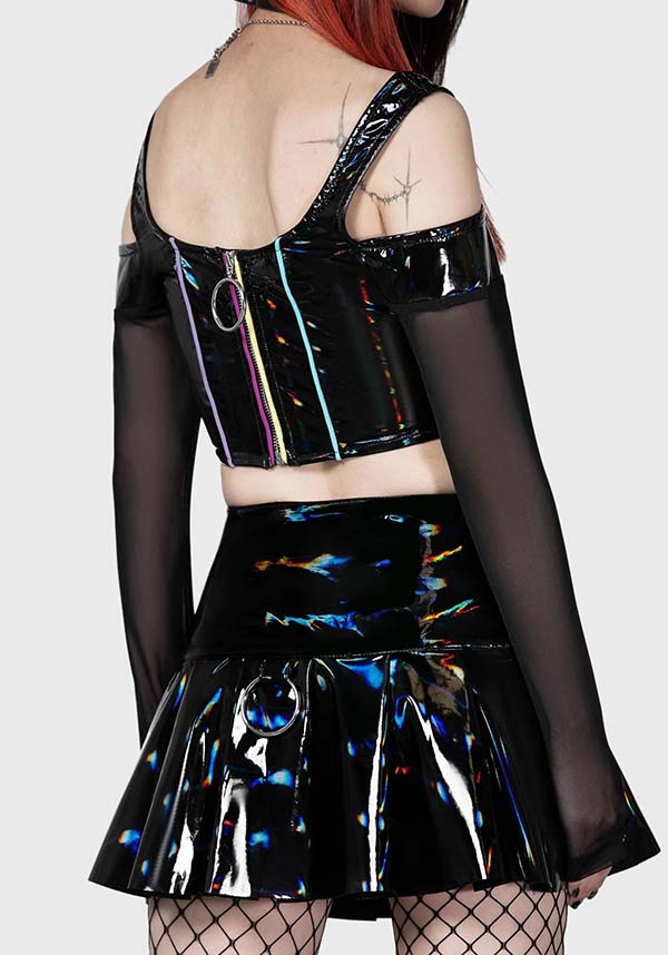 Midnight's Magic Black Rainbow PU Corset Top with Mesh Sleeves and Cold Shoulder Design