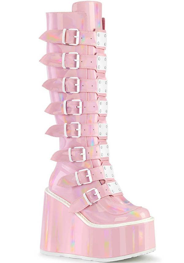 PREORDER - Demonia Baby Pink Holographic Swing-815 Platform Knee High Boots for Fashion Lovers