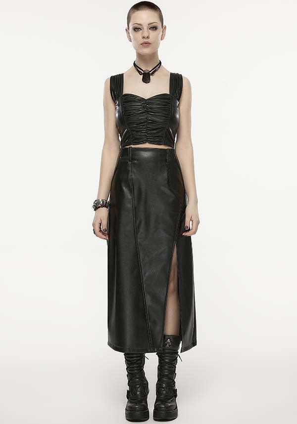 Chic Pleated Faux Leather Square Neck Top for Fashion Lovers