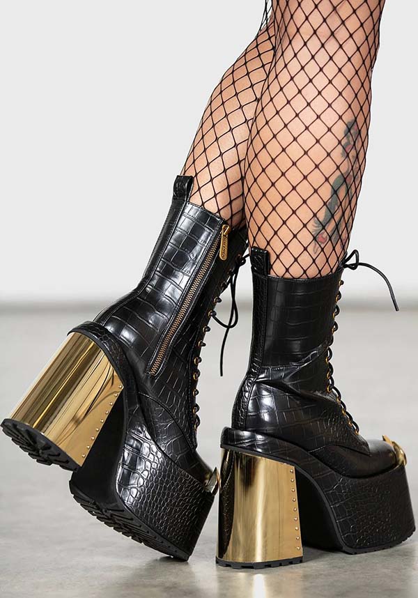 Repetilia Faux Leather Snake Skin Look Boots with Gold Accents