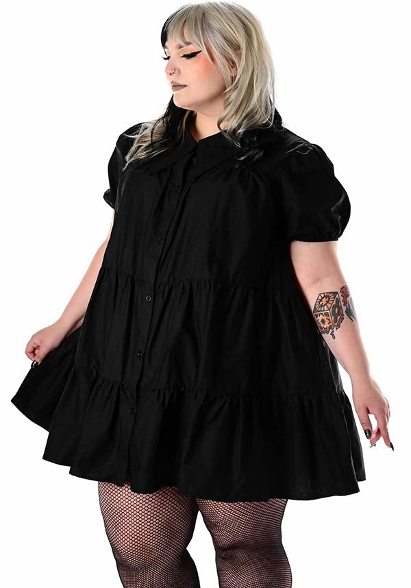 Foxblood Romina Tiered Babydoll Dress with Puff Sleeves and Pointed Collar