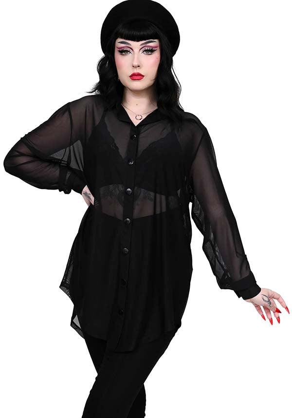Oversized Black Mesh Memphis Collared Button - Down Shirt for Summer & Fall