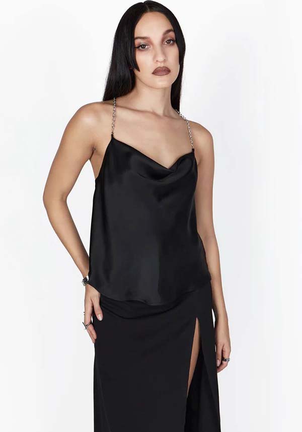 Rayne Cowl Neck Chain Top - Soft Satin Crepe with Chunky Chains