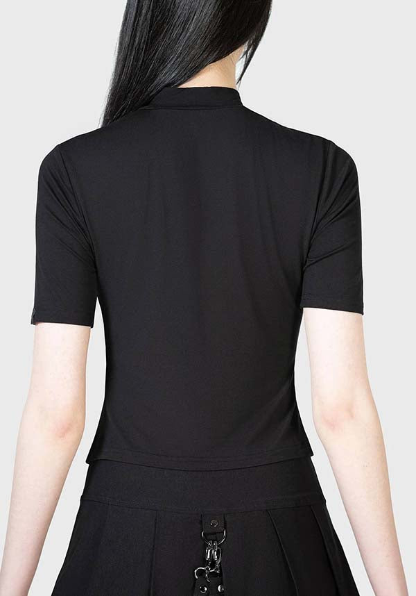 TOP* | Soft & Stretch Live Twice Skull Print High Neck Short Sleeve Fitted Top