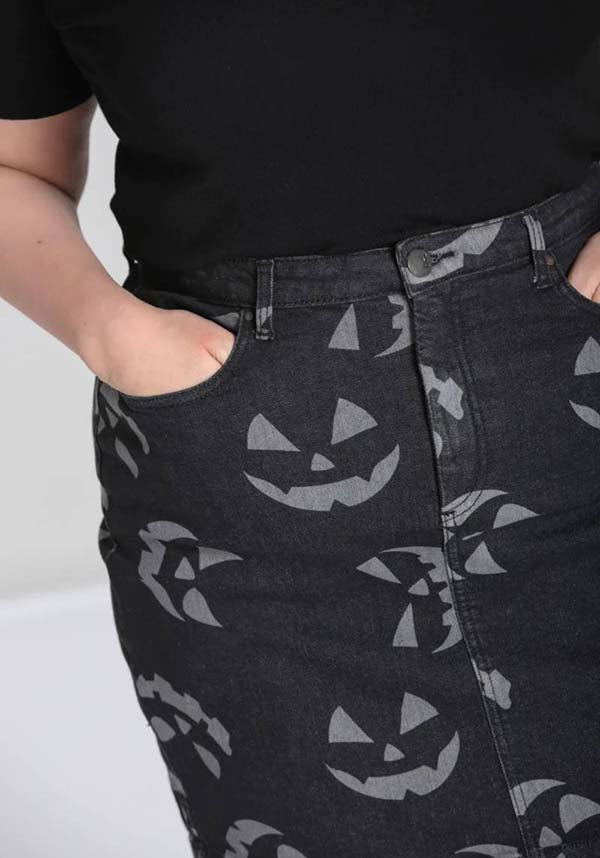 Hell Bunny's Black Jack-O-Lantern Denim Mini Skirt for Halloween