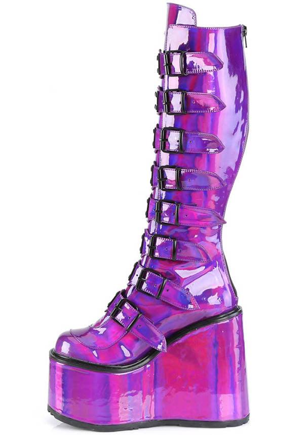 Demonia Swing-815 Purple Pattern Platform Knee-High Boots - Preorder