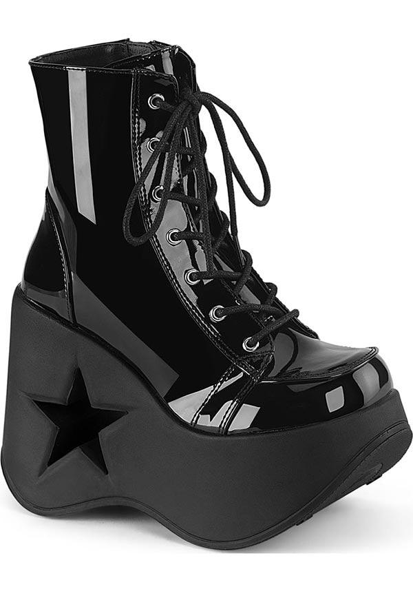 DYNAMITE-106 Black Patent Platform Wedge Lace-Up Ankle Boots [Pre-Order]