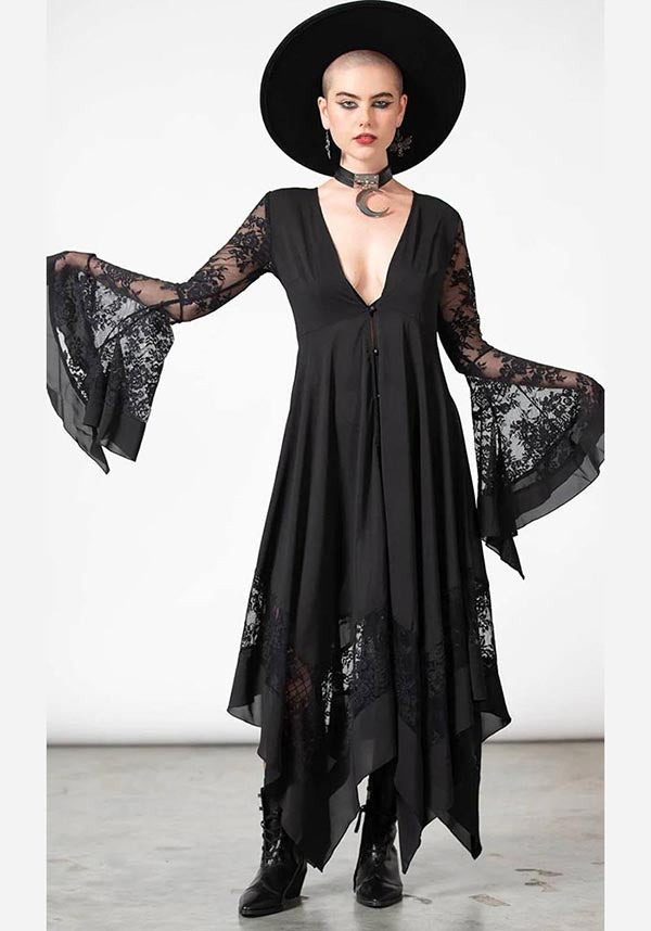Elegant Misty Night Maxi Dress with Lace Detailing