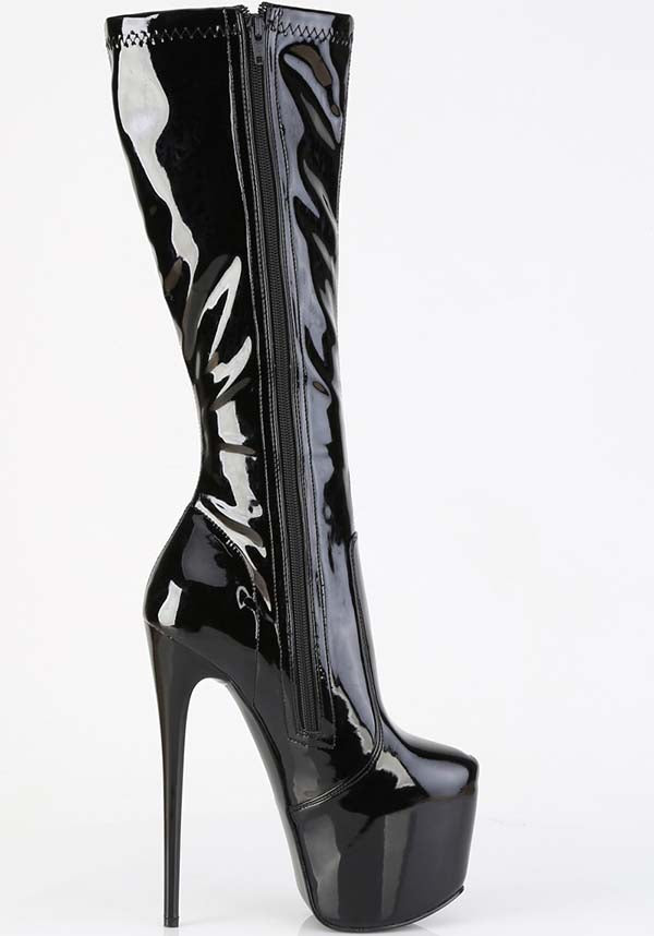 PREORDER - JUBILANT-2000 Black Patent Platform Stretch Knee Boots