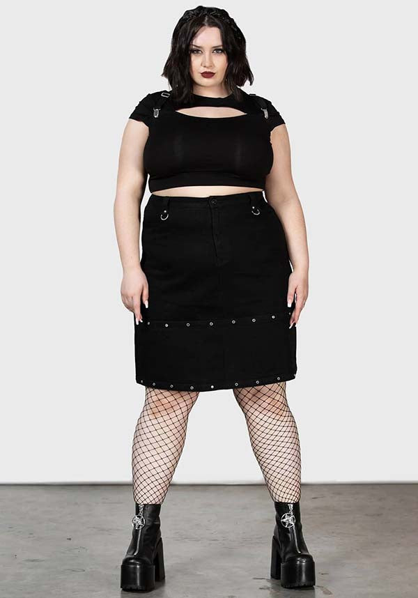 Punktured Denim Knee-Length Studded Fitted Skirt
